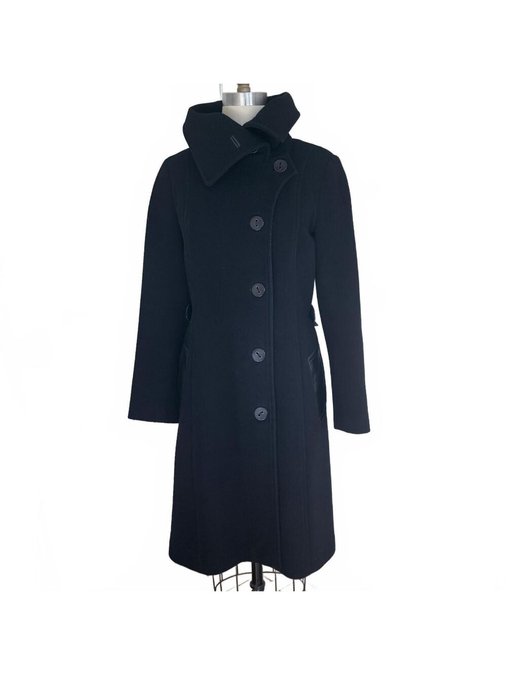Mackage Black Wool Coat Womens Large Asymmetric Collar Leather Trim Belted Back